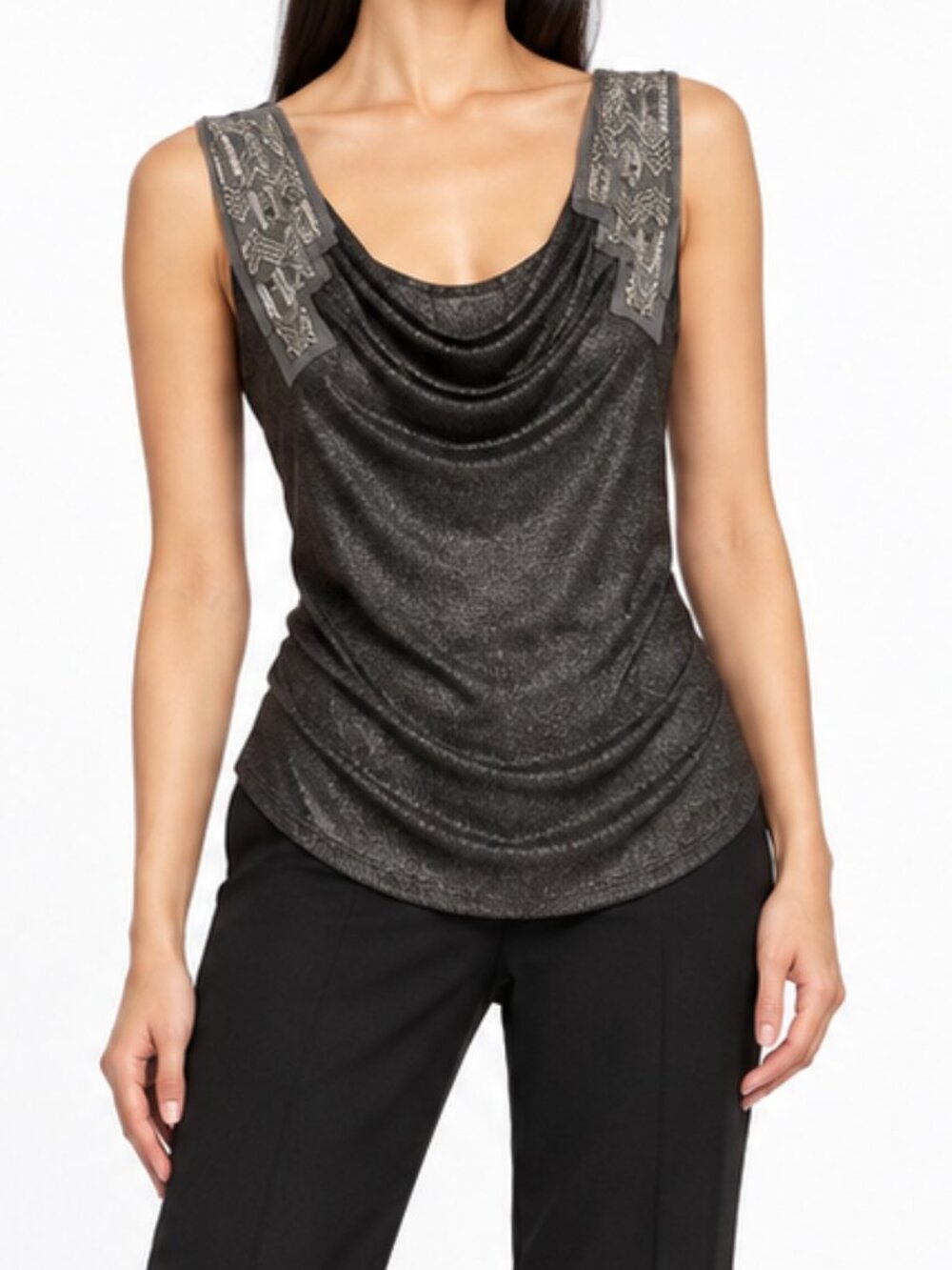 Testament Charcoal Silver Metallic Beaded Shoulder Cowl Neck Party Top Small